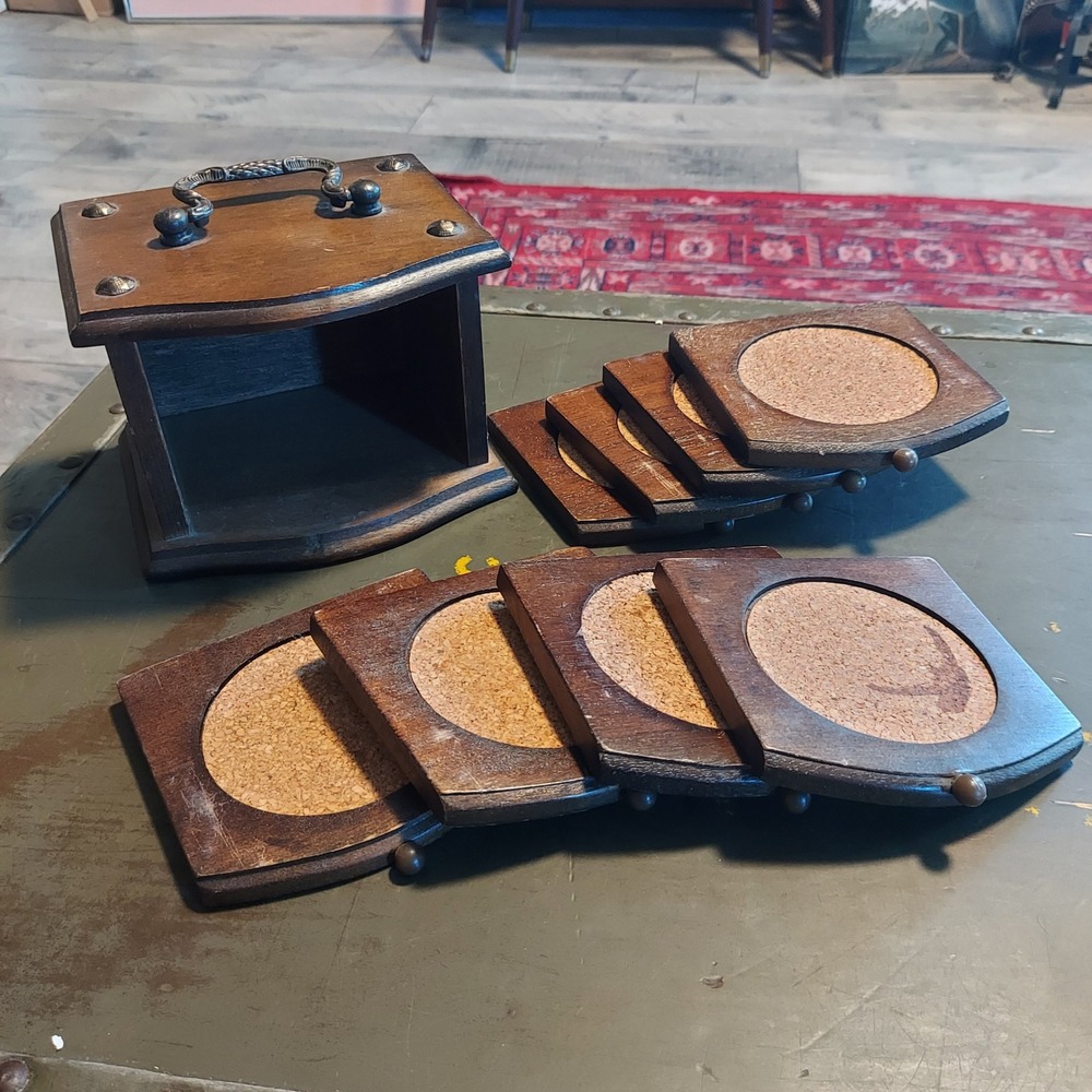 Vintage Wood and Cork Coaster Set with Caddy 8 PC Dark Brown Barware MCM Style